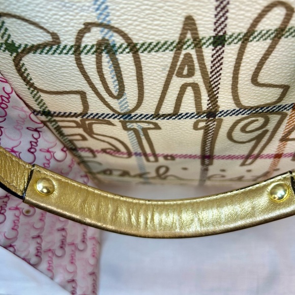 Coach Tattersall Graffiti Tote Gold/Cream Pink Lining Style F13187 Excellent - Picture 3 of 15